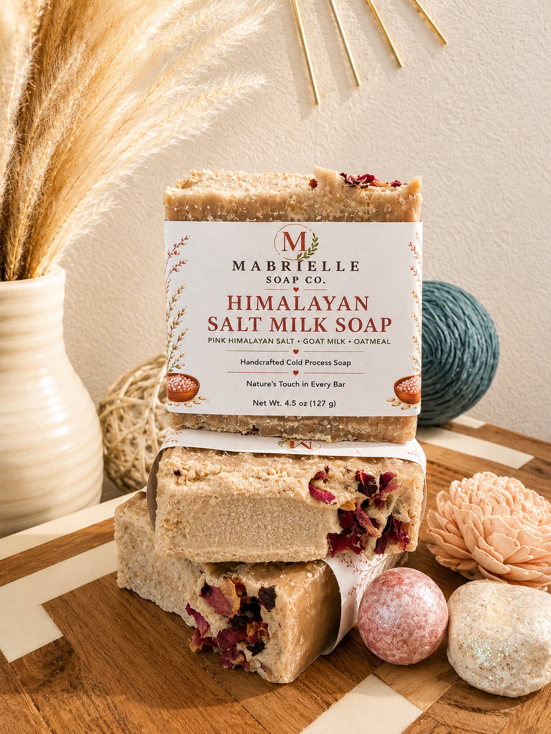 3 Bars Himalayan Salt Milk Soap | Handcrafted Cold Process Soap with Pink Himalayan Salt, Goat Milk & Oatmeal