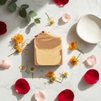 Roselle Botanical Soap flat lay with rose petals and botanicals on white marble
