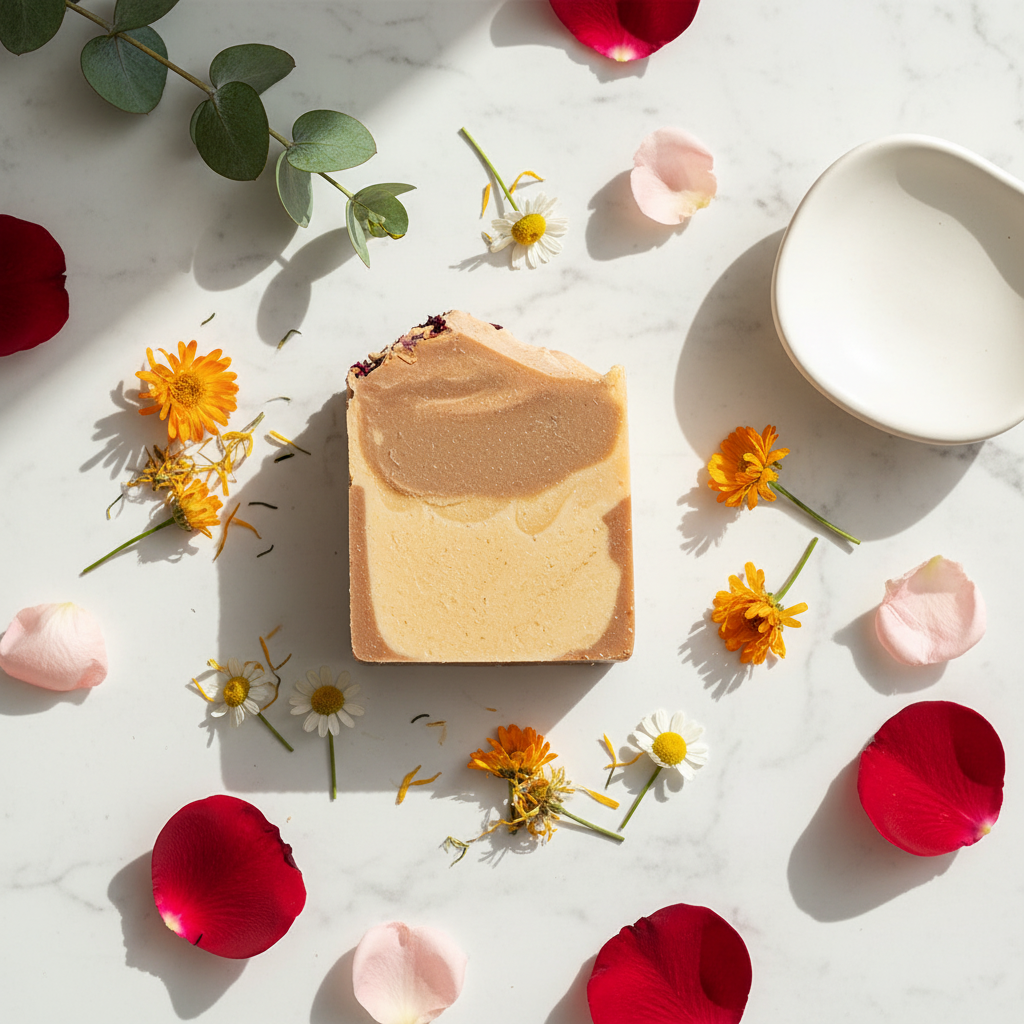 Roselle Botanical Soap flat lay with rose petals and botanicals on white marble