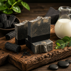Midnight Timber soap bars on dark rustic wood with charcoal eucalyptus gift presentation