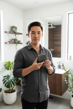 Asian man in dark grey shirt holding Midnight Timber charcoal soap confidently