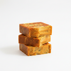 Three Verdelle turmeric nettle soap bars on white background studio shot