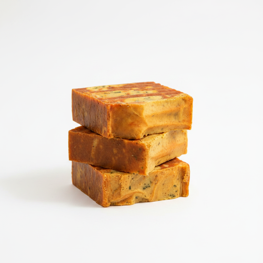 Three Verdelle turmeric nettle soap bars on white background studio shot