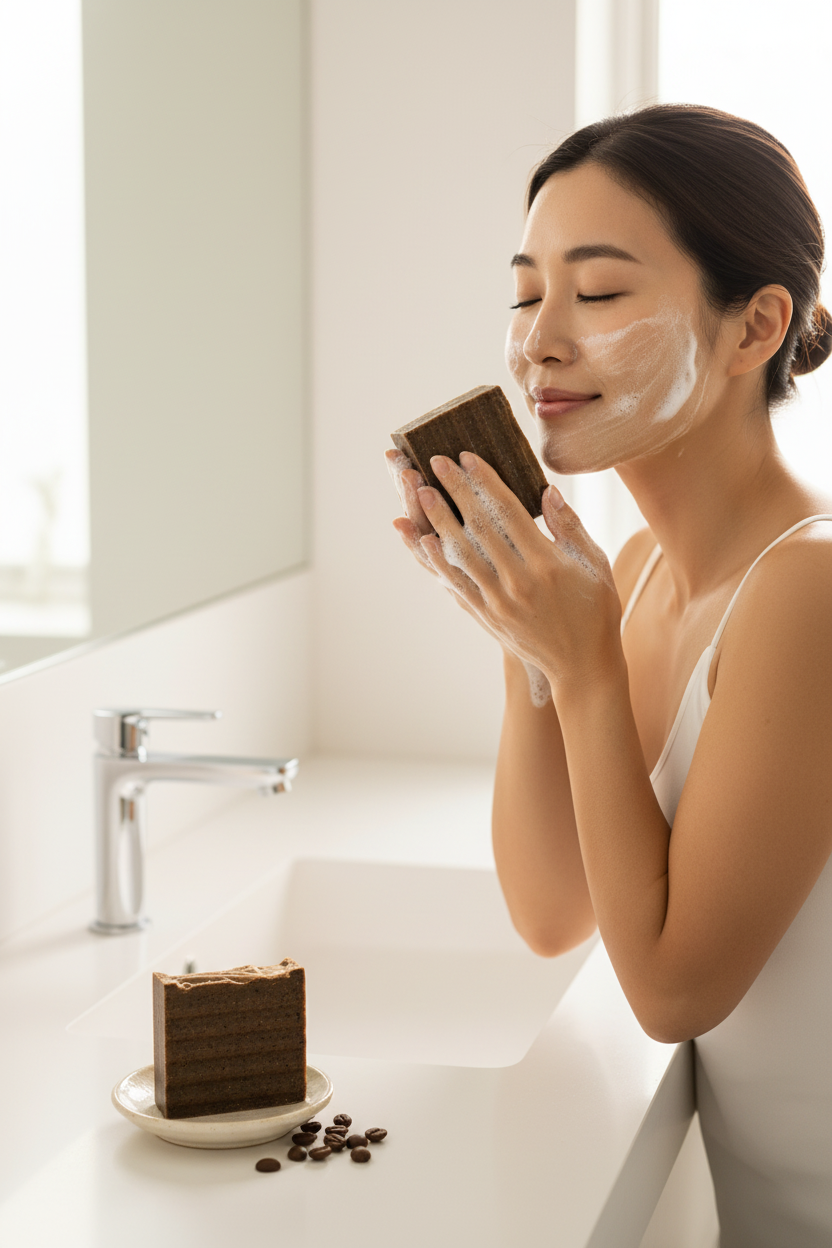 Asian woman lathering Morning Roast coffee soap on face at bathroom sink