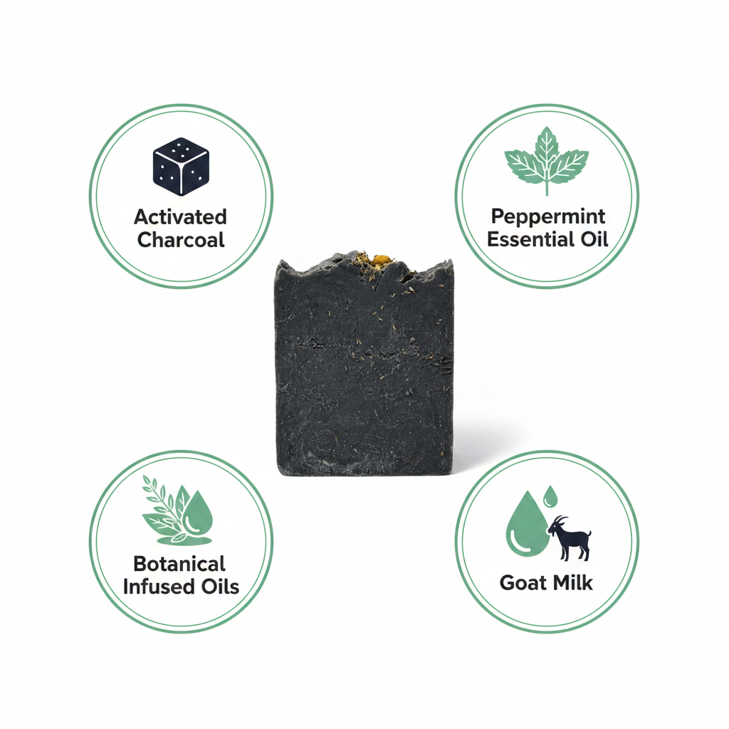 Onyx Mint soap ingredient callout infographic - activated charcoal, peppermint, botanical oils