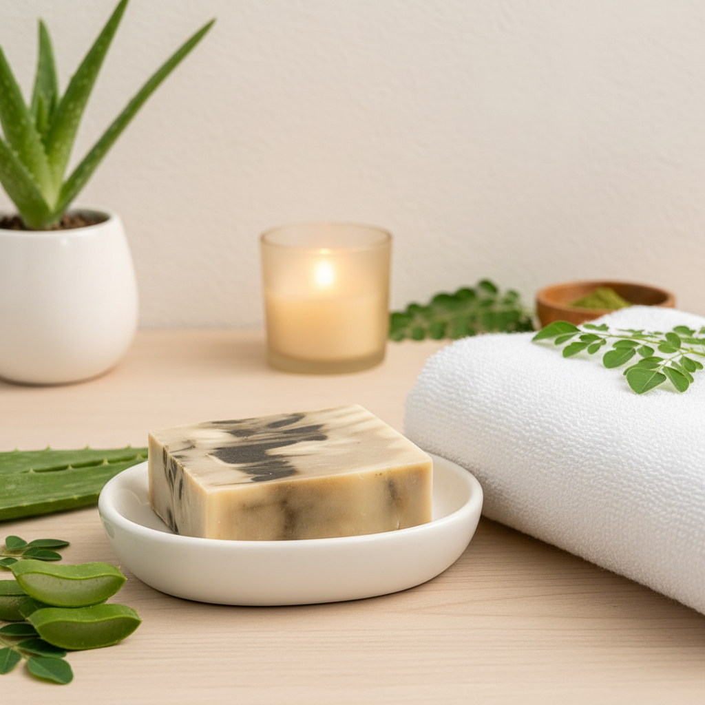 Mabrielle Moringa Grove Goat Milk Soap bar on ceramic dish with white towel, aloe plant and candle in spa setting