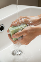 Close-up Asian woman hands creating creamy lather with Willow Mist soap
