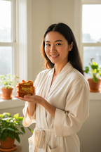 Asian woman in cream linen robe holding Verdelle turmeric nettle soap naturally