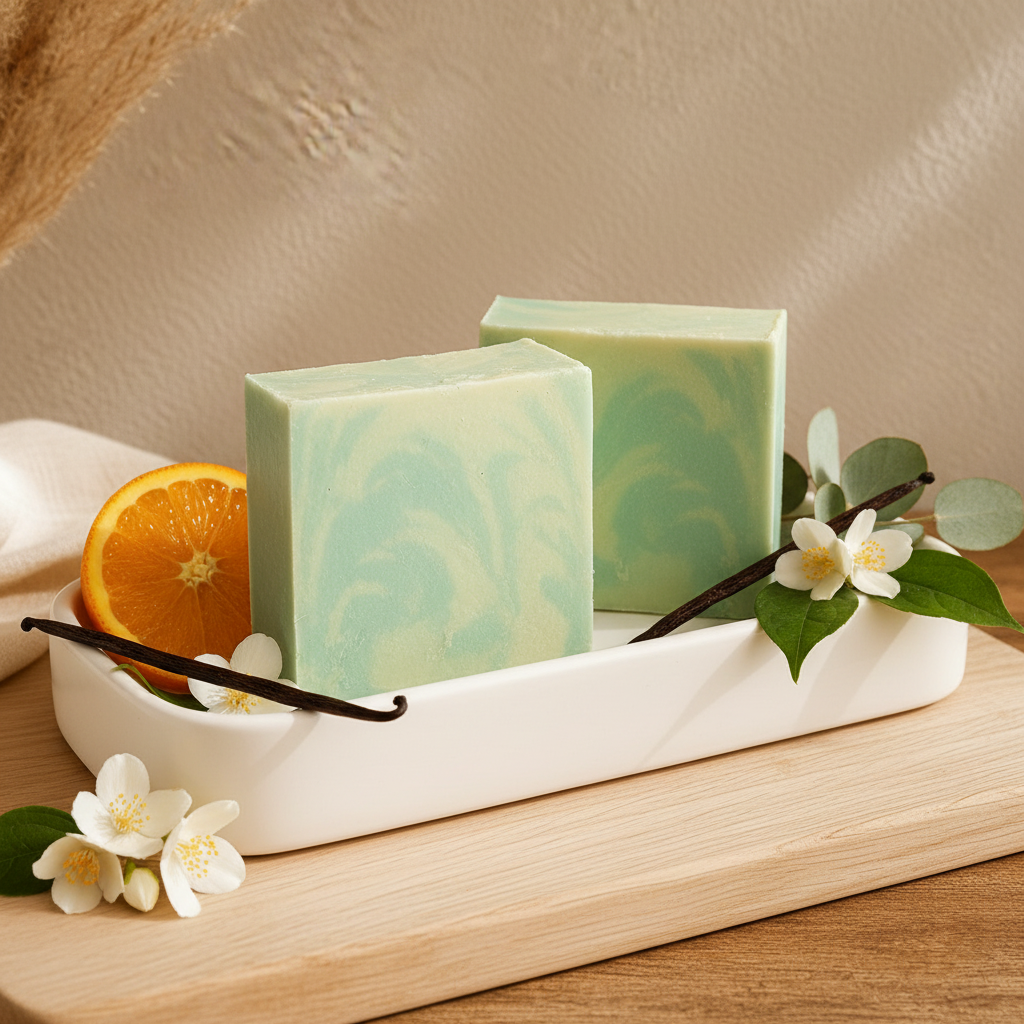 Willow Mist soap bars in white ceramic tray with orange slices and eucalyptus gift presentation