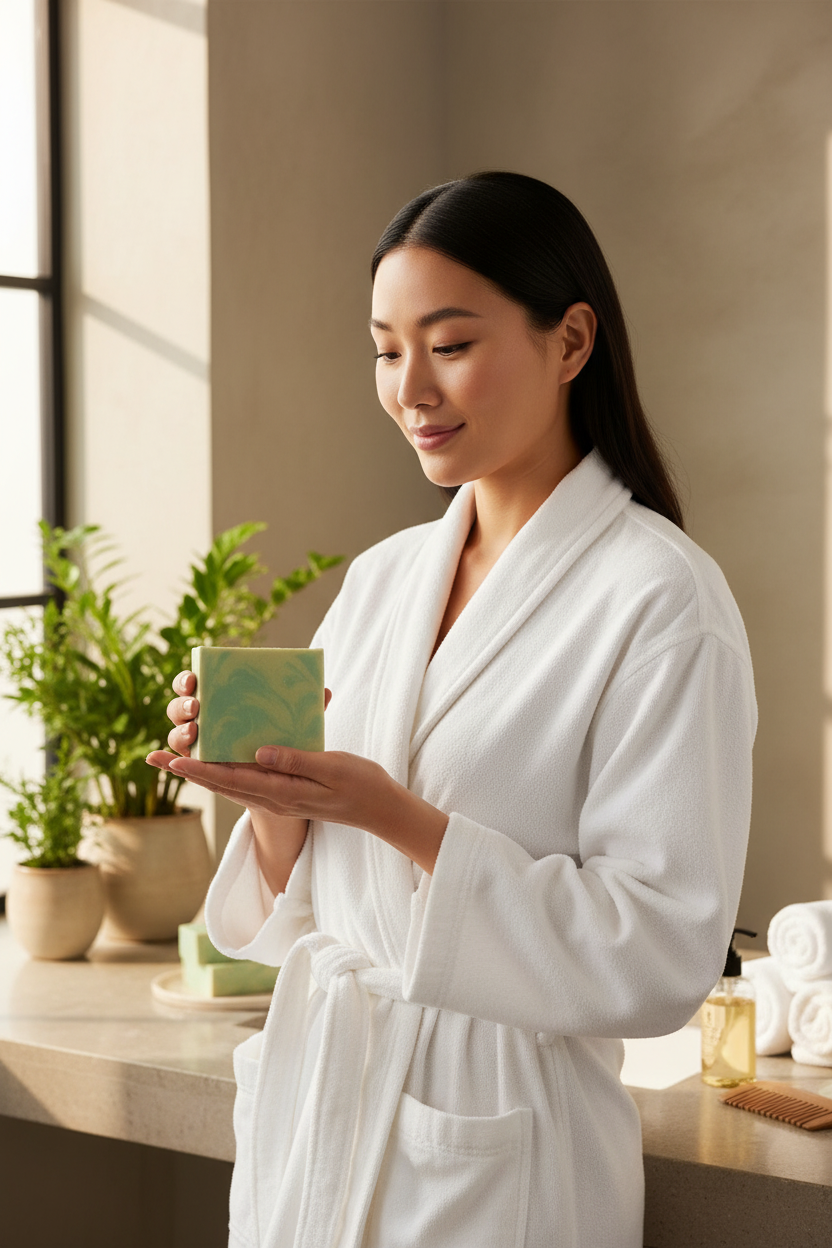 Asian woman in white spa robe holding Willow Mist sage green soap