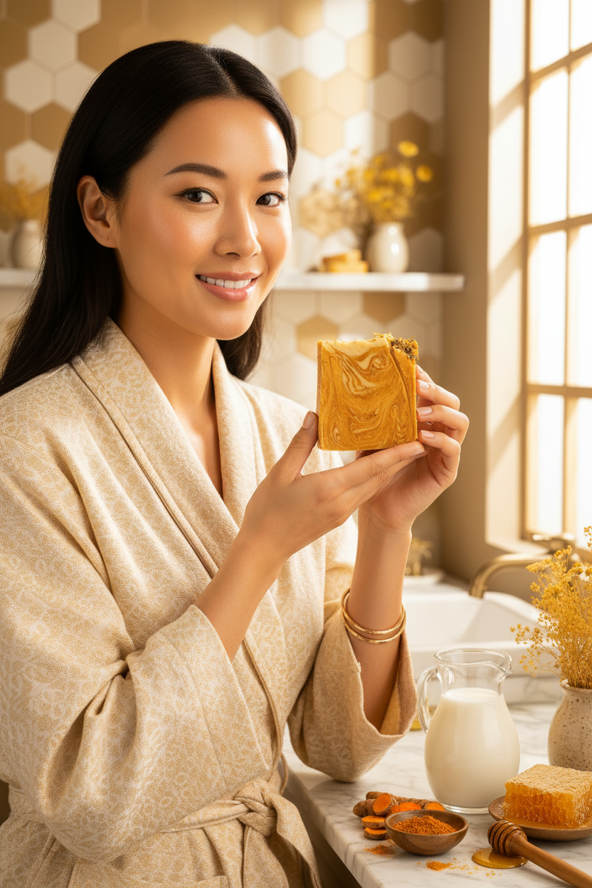Asian woman in golden cream spa robe holding Golden Meadow honey soap radiantly