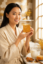 Asian woman in golden cream spa robe holding Golden Meadow honey soap radiantly