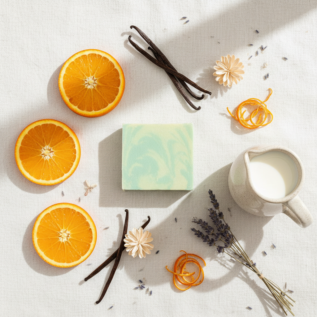 Willow Mist soap overhead flat lay on white linen with orange and vanilla