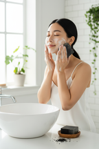Asian woman lathering Midnight Timber charcoal soap on face deep cleansing routine