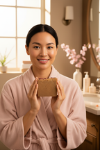 Asian woman in blush pink spa robe holding Himalayan salt soap serenely