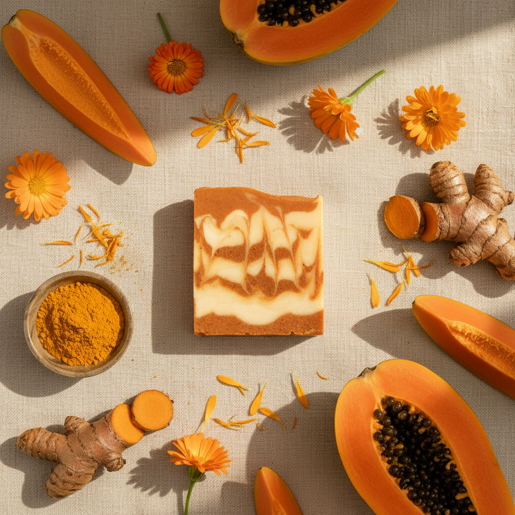 Aurea soap overhead flat lay with papaya turmeric and marigold flowers