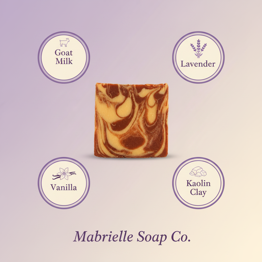 Velvet Mist soap ingredient infographic - Goat Milk, Lavender, Vanilla, Kaolin Clay - Mabrielle Soap Co.