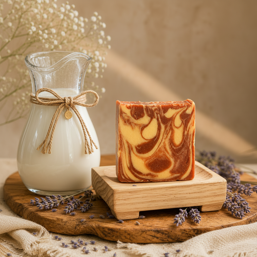 Velvet Mist soap on wooden soap dish with goat milk jug and lavender