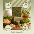 Emerald Oat ingredient infographic - Goat Milk, Nettle, Oatmeal, Botanical Oils - Mabrielle Soap Co.