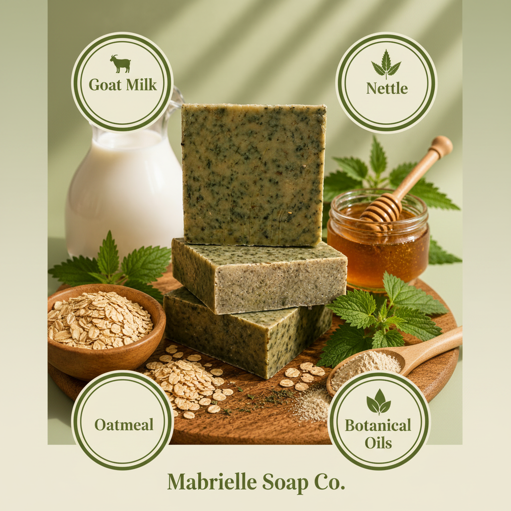 Emerald Oat ingredient infographic - Goat Milk, Nettle, Oatmeal, Botanical Oils - Mabrielle Soap Co.