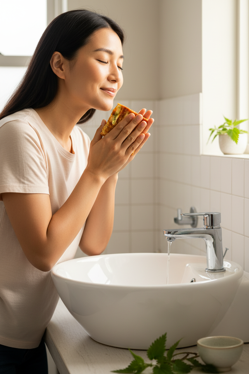 Asian woman lathering Verdelle soap on face at bathroom sink morning routine
