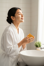 Asian woman lathering Sinag turmeric soap on face at bathroom sink morning routine