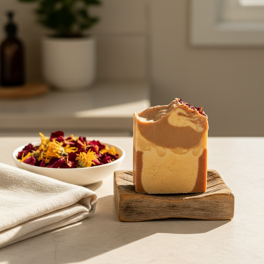 Roselle Botanical Soap on a rustic wooden soap dish with rose petals and warm golden light