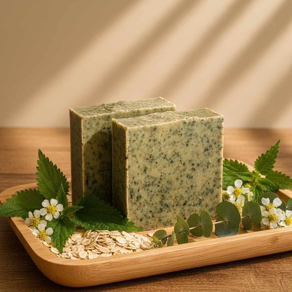 Emerald Oat soap bars in wooden tray with oats nettle and wildflowers gift presentation