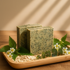 Emerald Oat soap bars in wooden tray with oats nettle and wildflowers gift presentation