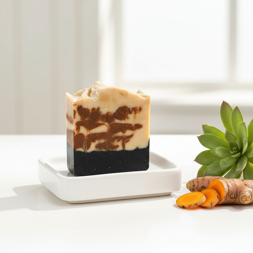 Ember Ash soap on white ceramic soap dish in bright bathroom