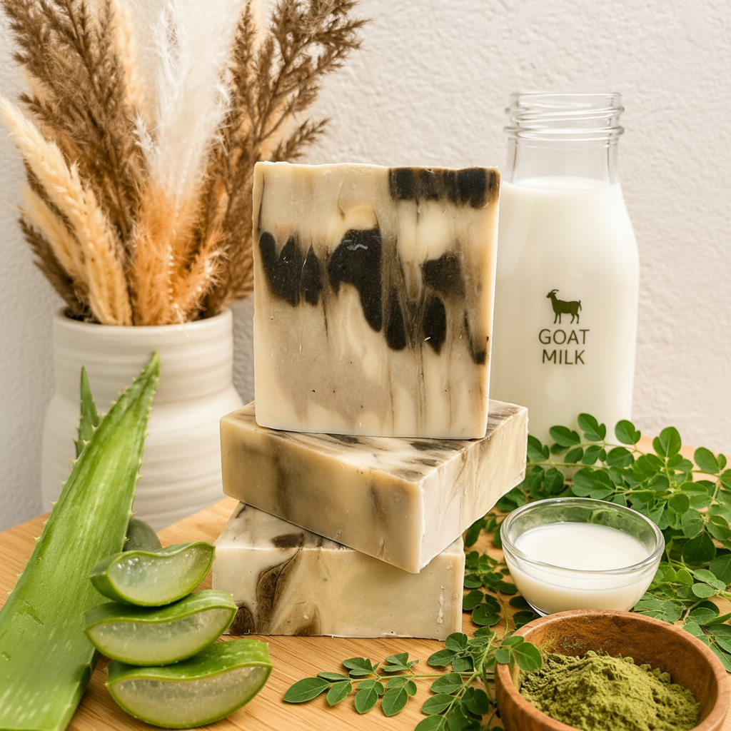 Mabrielle Moringa Grove Goat Milk Soap bars on bamboo surface with fresh aloe vera, moringa powder, goat milk bottle and pampas grass