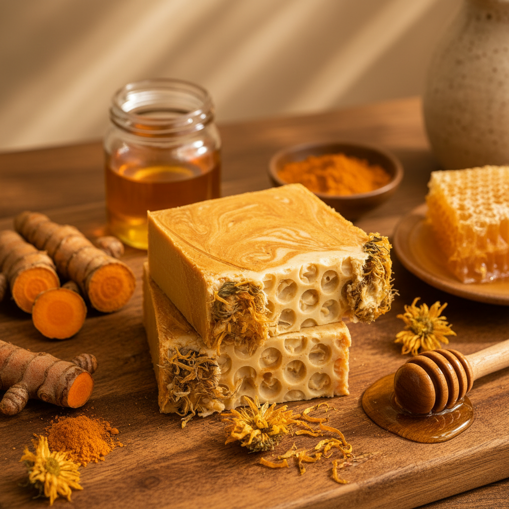 Golden Meadow soap bars on wooden board with honeycomb honey dipper and calendula gift presentation