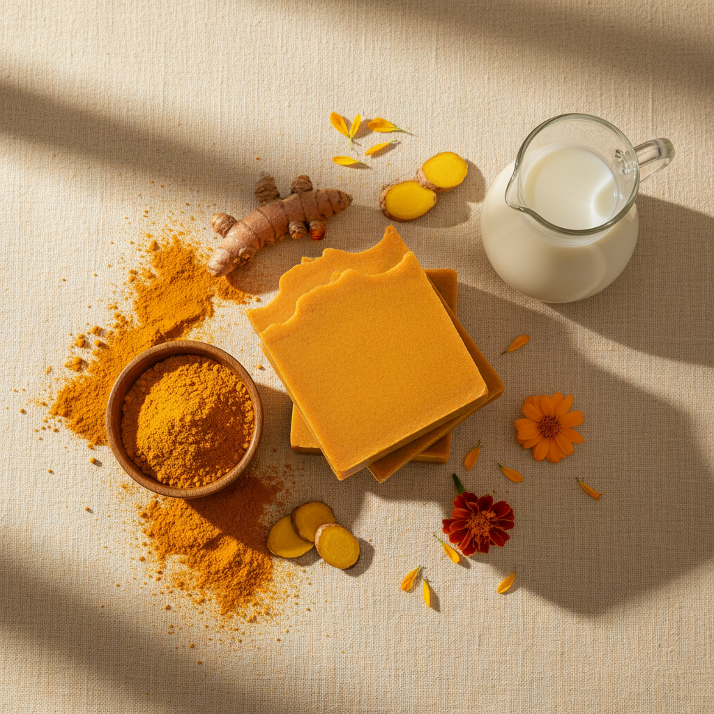 Sinag soap overhead flat lay with turmeric root marigold and goat milk jug