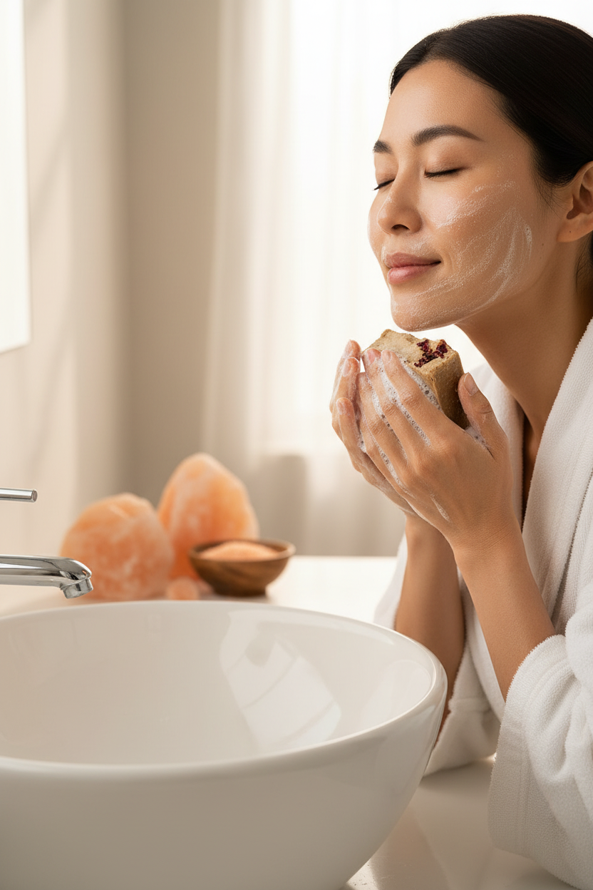Asian woman lathering Himalayan salt soap on face mineral exfoliating routine