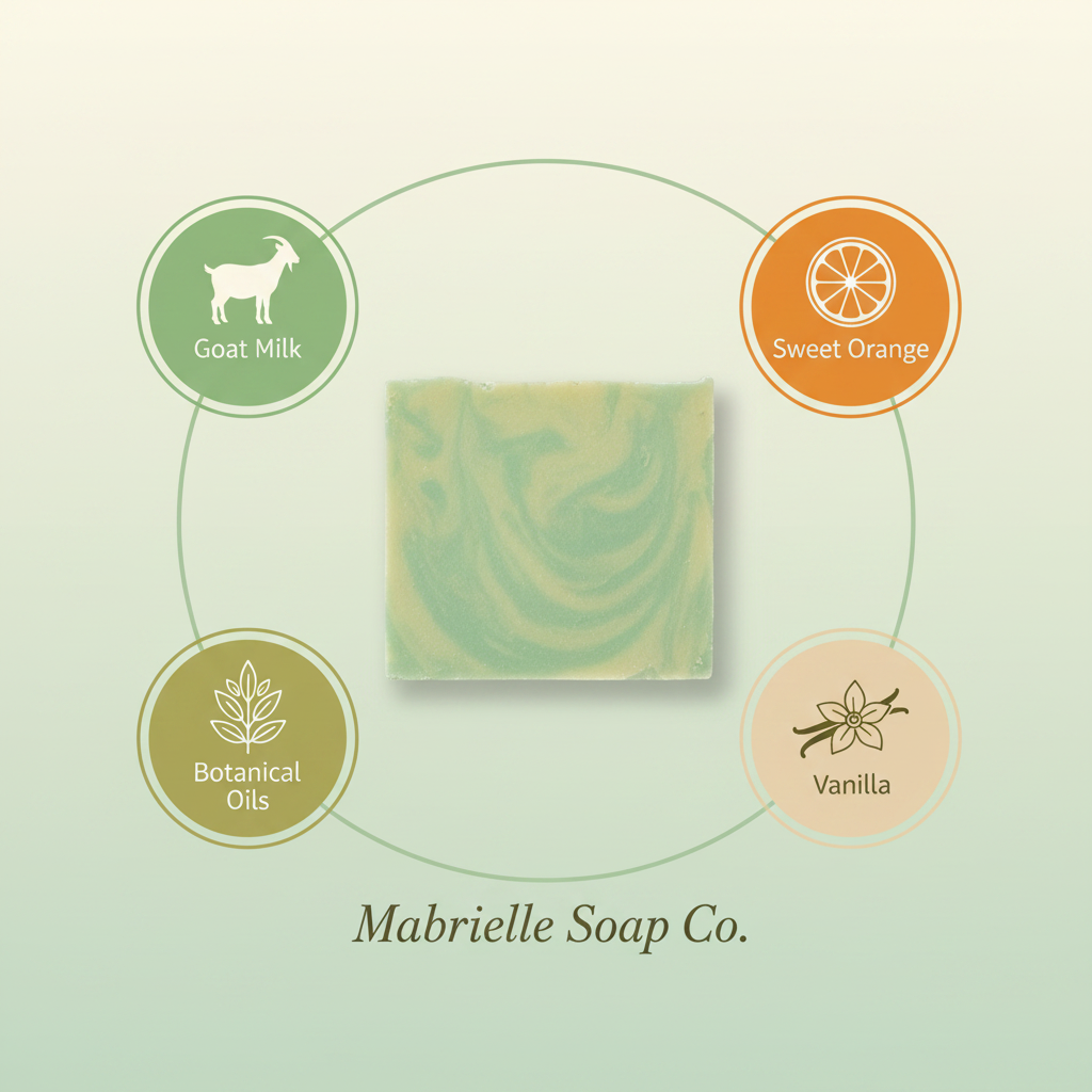 Willow Mist ingredient infographic - Goat Milk, Sweet Orange, Vanilla, Botanical Oils - Mabrielle Soap Co.