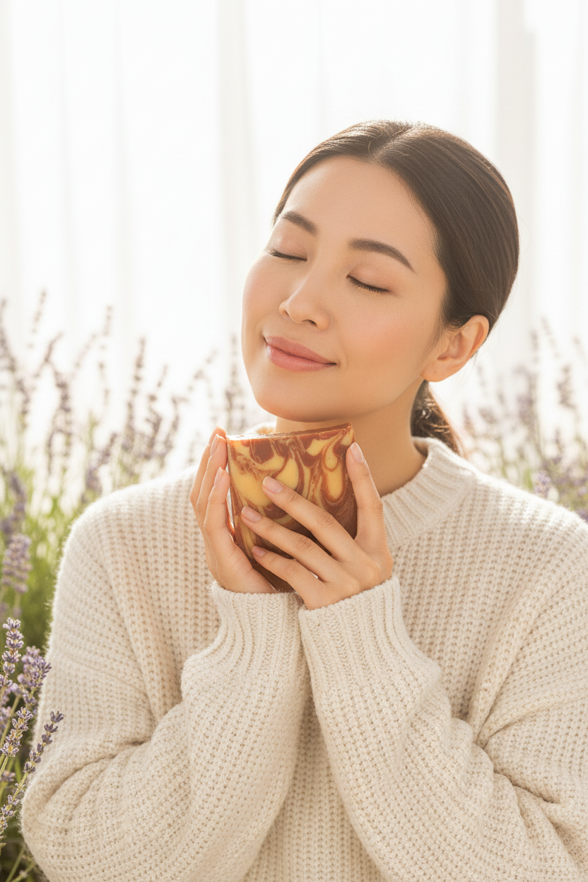 Asian woman peacefully holding Velvet Mist lavender soap in cream sweater