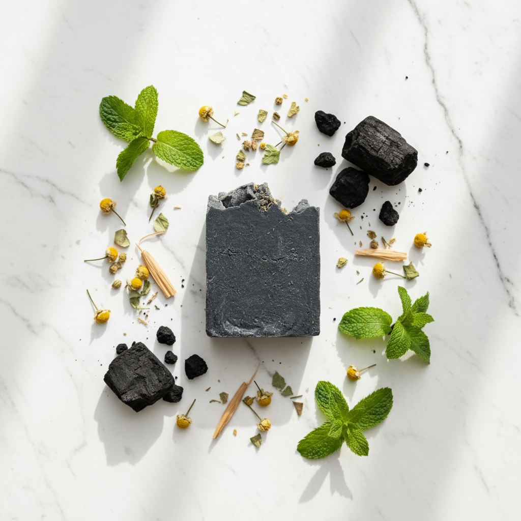 Onyx Mint soap flat lay on white marble with fresh mint leaves and charcoal