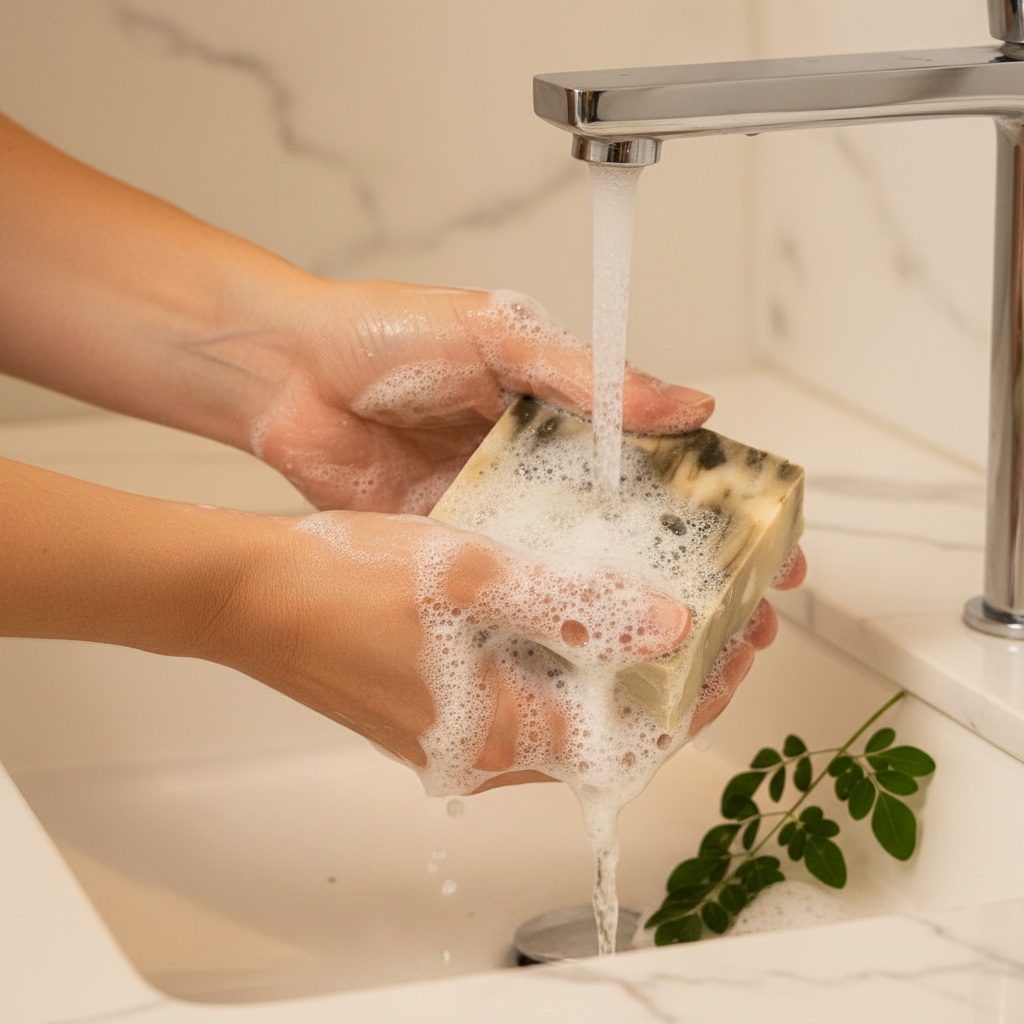 Hands lathering Mabrielle Moringa Grove Goat Milk Artisan Soap bar under running water with creamy lather