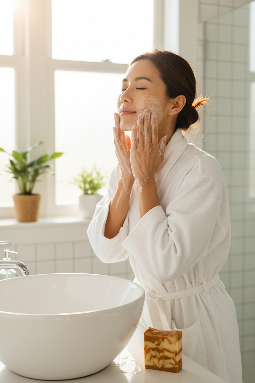 Asian woman lathering Aurea soap on face at bathroom sink morning routine