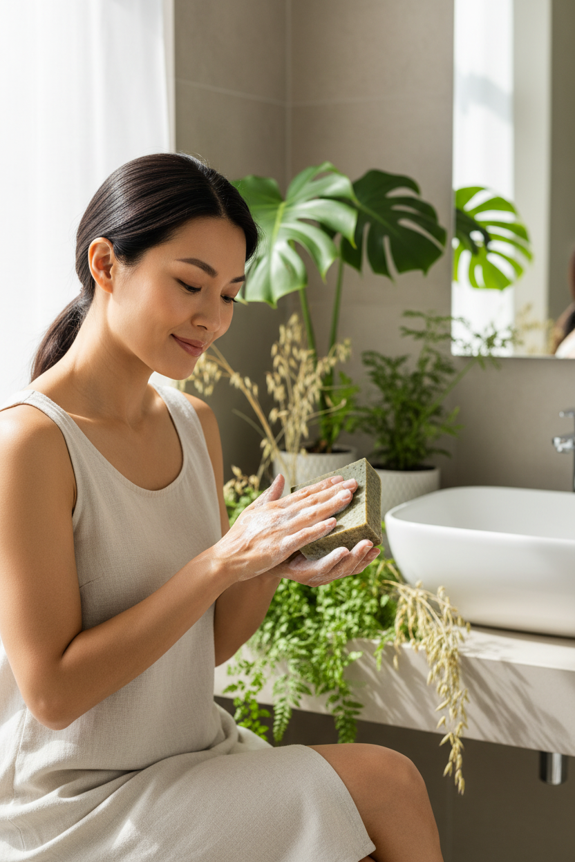 Asian woman self-care moment with Emerald Oat soap and lather in hand