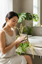 Asian woman self-care moment with Emerald Oat soap and lather in hand