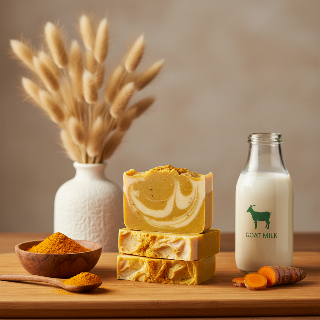 Mabrielle Sinag Turmeric Goat Milk Soap bars on bamboo surface with fresh turmeric root, powder, goat milk bottle and pampas grass