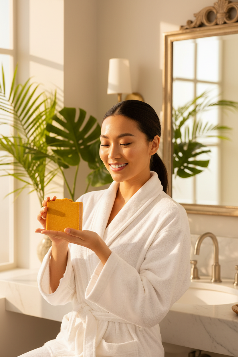 Asian woman with glowing skin holding Sinag golden turmeric soap in white spa robe
