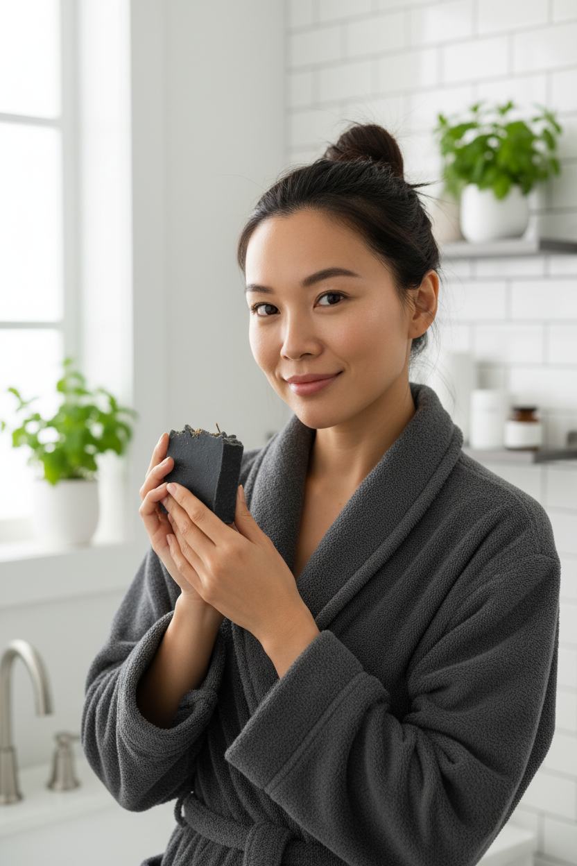 Asian woman holding Onyx Mint charcoal soap in grey bathrobe lifestyle photo