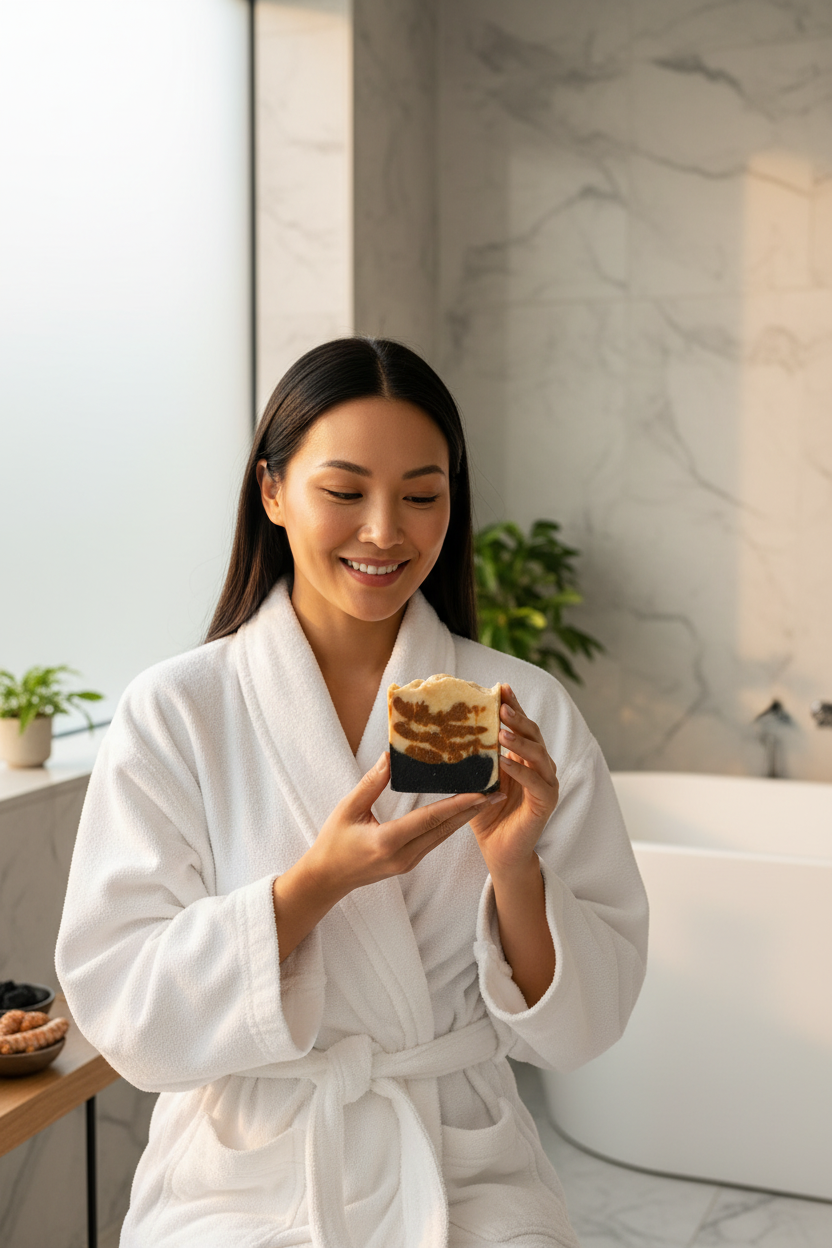 Asian woman holding Ember Ash soap in white bathrobe lifestyle photo