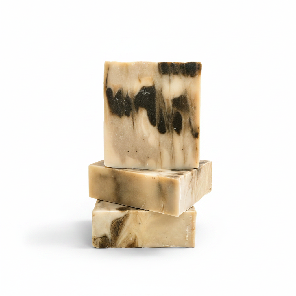 Mabrielle Moringa Grove Goat Milk Artisan Soap bars stacked on white background professional studio shot