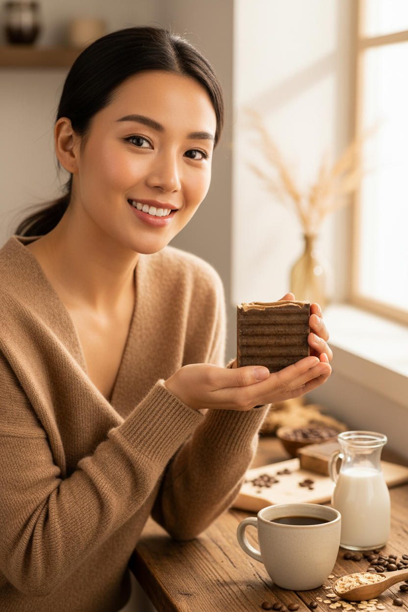 Asian woman in brown knit sweater holding Morning Roast coffee soap cozy morning