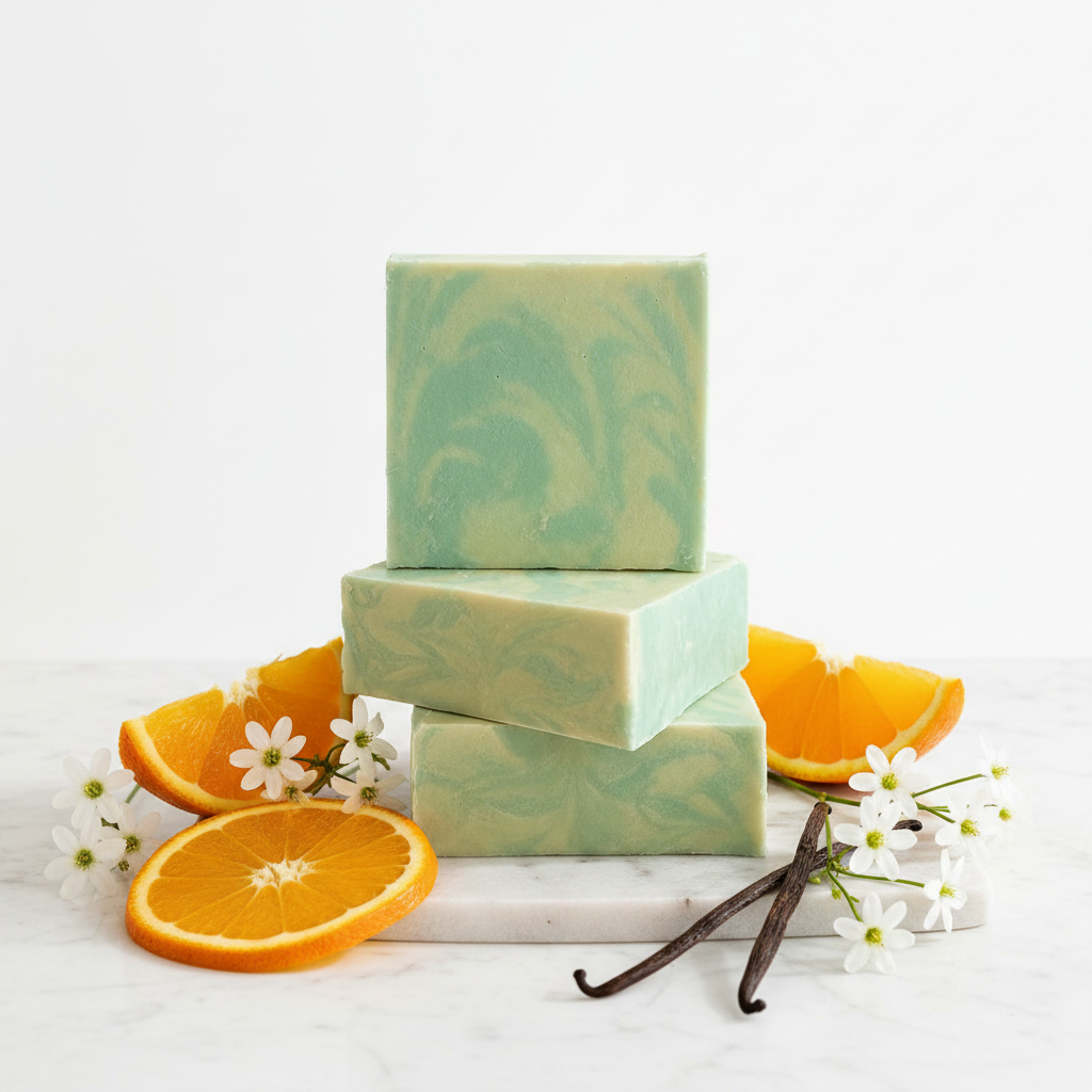 Three Willow Mist soap bars on white marble with orange slices and flowers