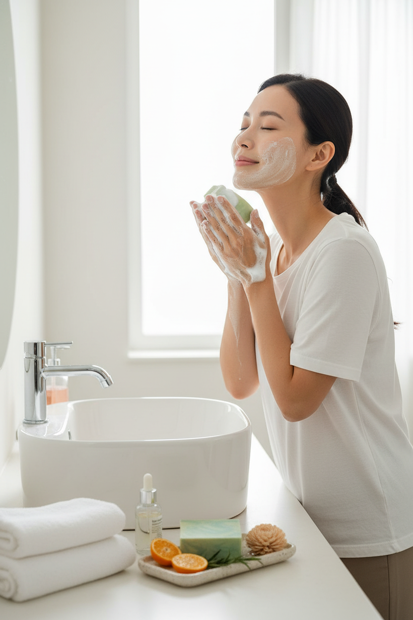 Asian woman lathering Willow Mist soap on face at bathroom sink morning routine