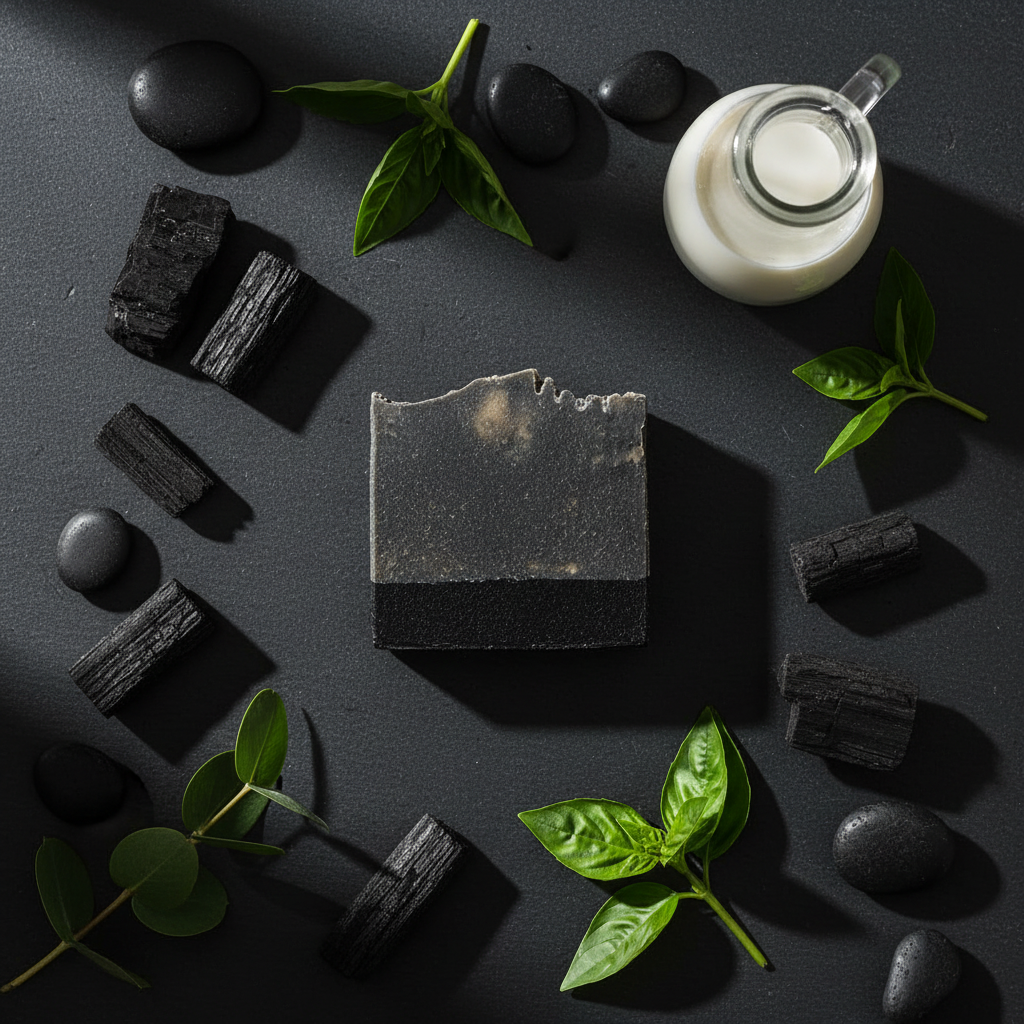 Midnight Timber soap overhead flat lay on dark slate with charcoal pieces and goat milk